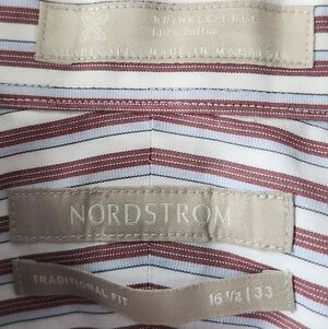 Nordstrom Red and White Striped Dress Shirt 16.5. 33 Wrinkle Free